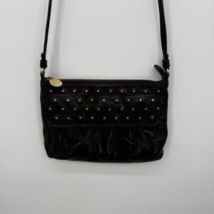 Gorgana Black Leather Studded Crossbody Purse Gold Tone Classic
